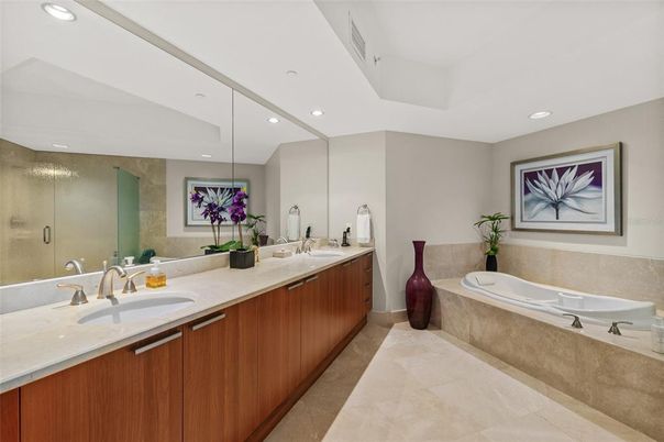 Bathroom, Dual Sink Vanities, Glass Shower, Interior, Recessed Lighting