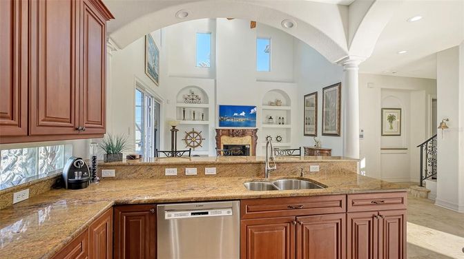 Fireplace, Interior, Kitchen, Recessed Lighting, Stainless Steel Appliances