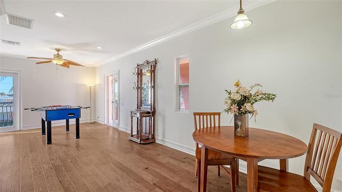 Dining room, Game Room, Interior, Recessed Lighting, Wood Texture Flooring