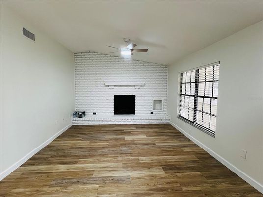 Empty room, Fireplace, Interior, Stone Walls, Wood Texture Flooring