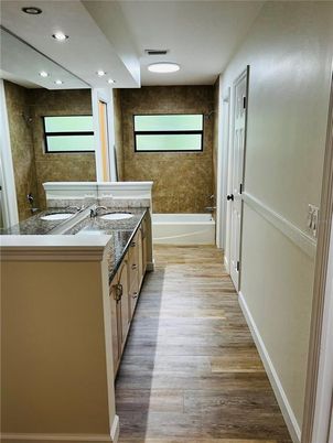 Bathroom, Interior, Recessed Lighting, Wood Texture Flooring