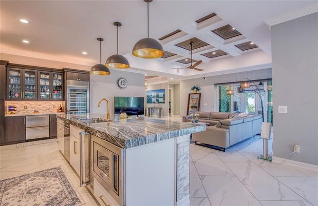 Interior, Kitchen, Living room, Marble, Pendant Lights, Recessed Lighting, Stainless Steel Appliances