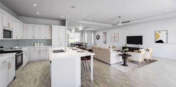 Interior, Kitchen, Living room, Pendant Lights, Recessed Lighting, Stainless Steel Appliances, Wood Texture Flooring