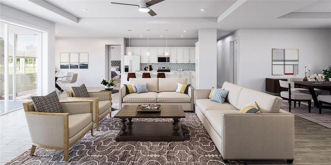 Dining room, Interior, Kitchen, Living room, Pendant Lights, Recessed Lighting, Stainless Steel Appliances, Wood Texture Flooring