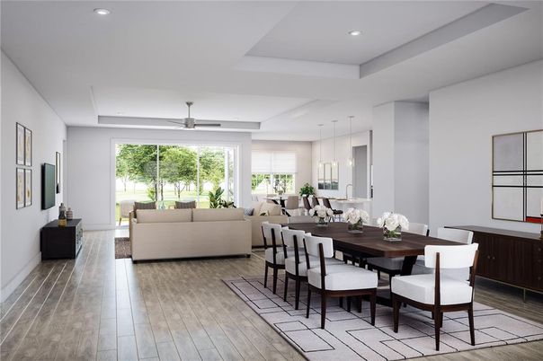 Dining room, Interior, Living room, Pendant Lights, Recessed Lighting, Wood Texture Flooring