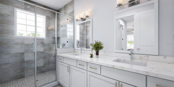 Bathroom, Dual Sink Vanities, Glass Shower, Interior, Marble Walls