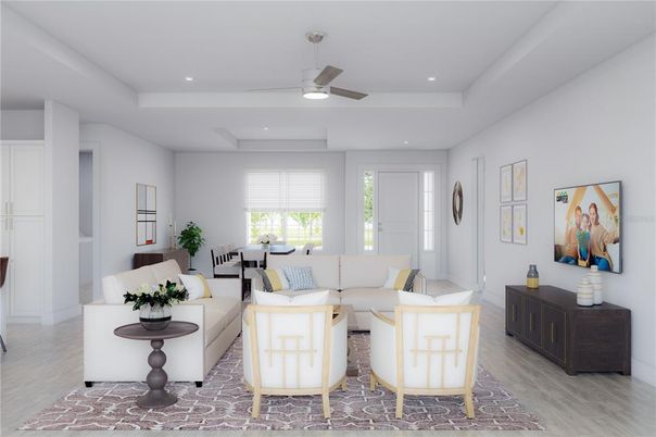 Dining room, Interior, Living room, Recessed Lighting, Wood Texture Flooring