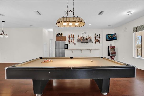Billiard Table, Game Room, Interior, Pendant Lights, Recessed Lighting, Wood Texture Flooring