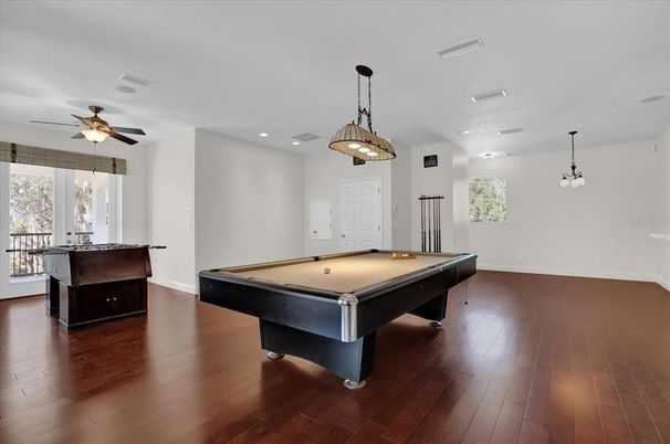 Billiard Table, Game Room, Interior, Pendant Lights, Recessed Lighting, Wood Texture Flooring