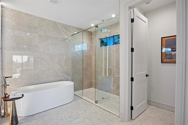 Bathroom, Free Standing Baths, Glass Shower, Interior, Recessed Lighting