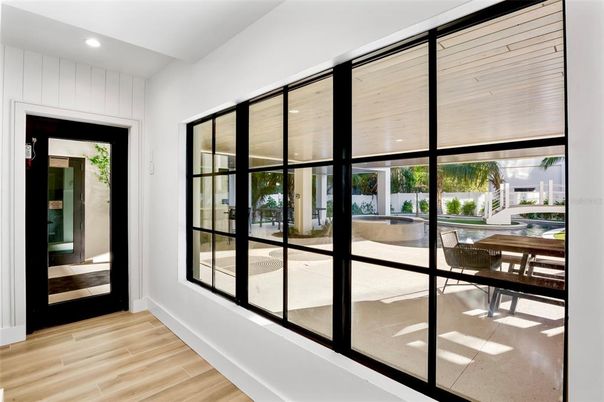 Dining room, Interior, Recessed Lighting, Wood Texture Flooring