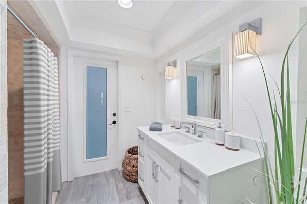 Bathroom, Interior, Recessed Lighting, Wood Texture Flooring