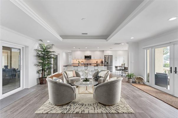 Interior, Kitchen, Living room, Recessed Lighting, Stainless Steel Appliances, Wood Texture Flooring