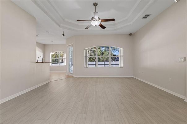 Empty room, Interior, Pendant Lights, Wood Texture Flooring