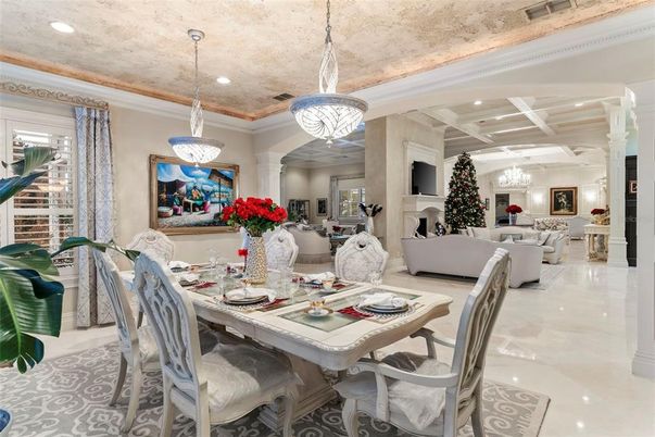 Dining room, Fireplace, Interior, Living room, Pendant Lights, Recessed Lighting