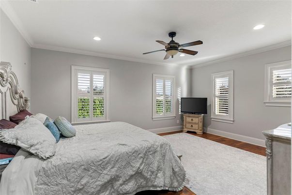 Bedroom, Interior, Recessed Lighting, Wood Texture Flooring