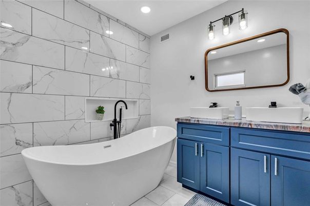 Bathroom, Dual Sink Vanities, Free Standing Baths, Interior, Marble, Marble Walls, Recessed Lighting