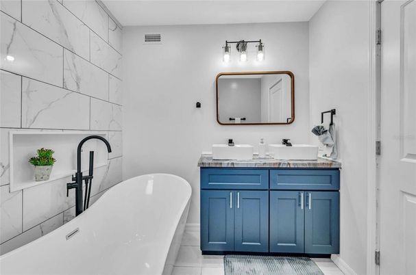 Bathroom, Dual Sink Vanities, Free Standing Baths, Interior, Marble Walls