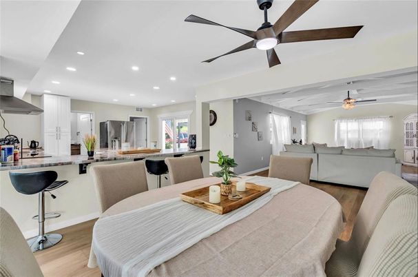 Dining room, Interior, Kitchen, Living room, Recessed Lighting, Wood Texture Flooring