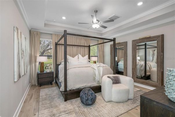Bedroom, Interior, Recessed Lighting, Wood Texture Flooring