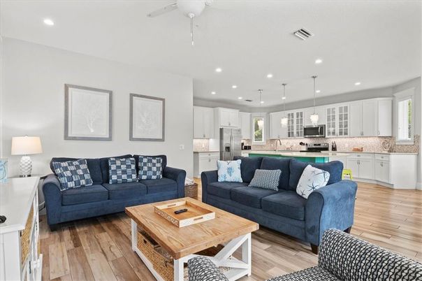 Interior, Kitchen, Living room, Pendant Lights, Recessed Lighting, Stainless Steel Appliances, Wood Texture Flooring