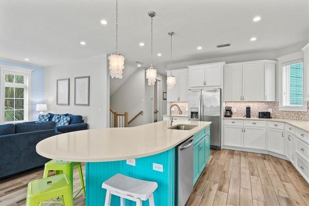 Interior, Kitchen, Living room, Pendant Lights, Recessed Lighting, Stainless Steel Appliances, Wood Texture Flooring