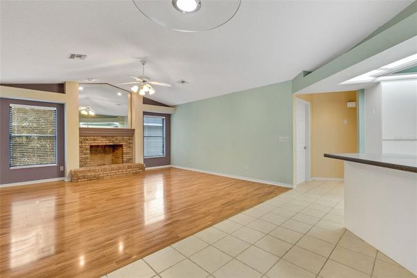 Empty room, Fireplace, Interior, Recessed Lighting, Wood Texture Flooring