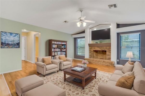 Fireplace, Interior, Living room, Recessed Lighting, Wood Texture Flooring