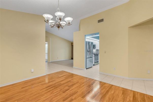 Chandelier, Empty room, Interior, Kitchen, Wood Texture Flooring