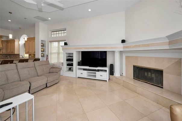Fireplace, Interior, Kitchen, Living room, Pendant Lights, Recessed Lighting