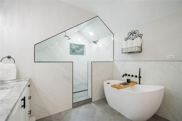 Bathroom, Free Standing Baths, Glass Shower, Interior, Marble Walls