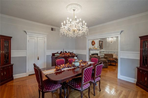 Chandelier, Dining room, Interior, Wood Texture Flooring