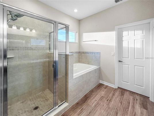 Bathroom, Glass Shower, Interior, Recessed Lighting, Wood Texture Flooring