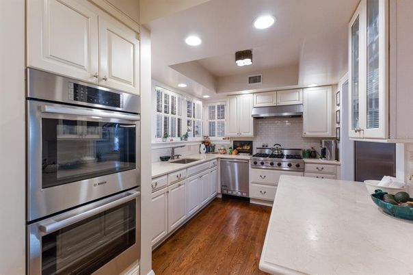 Interior, Kitchen, Recessed Lighting, Stainless Steel Appliances, Wood Texture Flooring