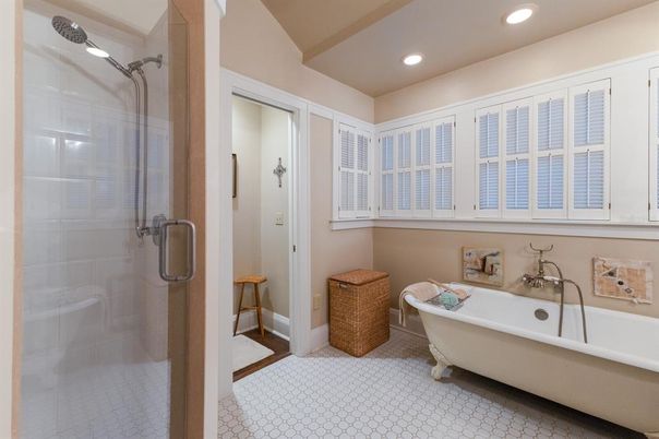 Bathroom, Free Standing Baths, Glass Shower, Interior, Recessed Lighting
