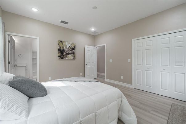 Bedroom, Interior, Recessed Lighting, Wood Texture Flooring