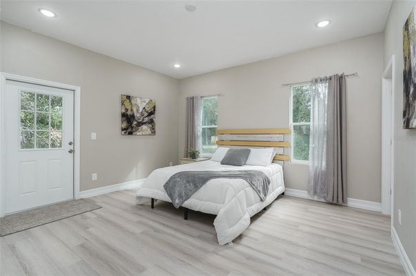 Bedroom, Interior, Recessed Lighting, Wood Texture Flooring