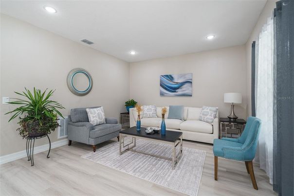 Interior, Living room, Recessed Lighting, Wood Texture Flooring
