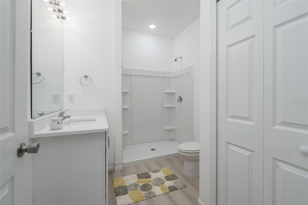 Bathroom, Interior, Recessed Lighting, Wood Texture Flooring