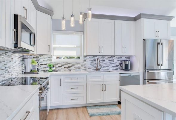 Interior, Kitchen, Pendant Lights, Stainless Steel Appliances, Wood Texture Flooring