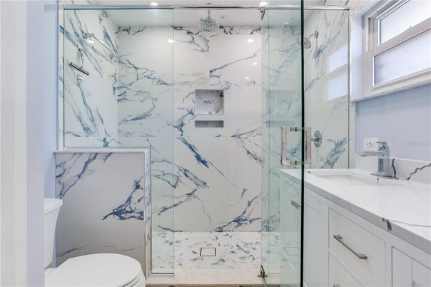 Bathroom, Glass Shower, Interior, Marble Walls, Recessed Lighting