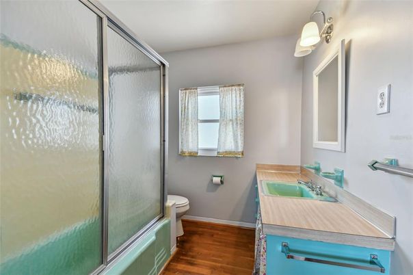 Bathroom, Glass Shower, Interior, Wood Texture Flooring