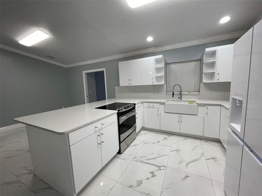 Interior, Kitchen, Marble, Recessed Lighting, Stainless Steel Appliances