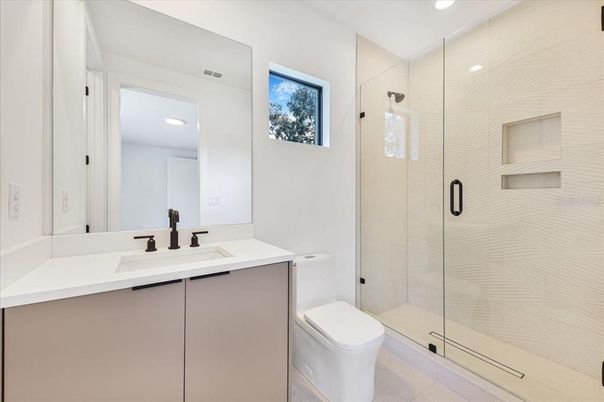 Bathroom, Glass Shower, Interior, Recessed Lighting