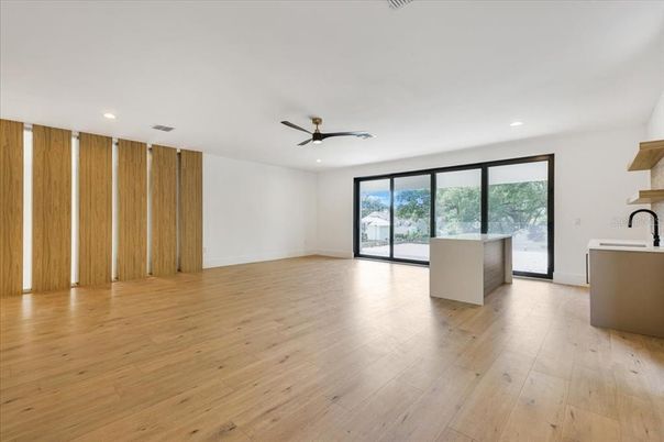 Empty room, Interior, Kitchen, Recessed Lighting, Wood Texture Flooring