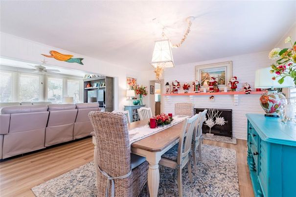 Dining room, Fireplace, Interior, Living room, Wood Texture Flooring
