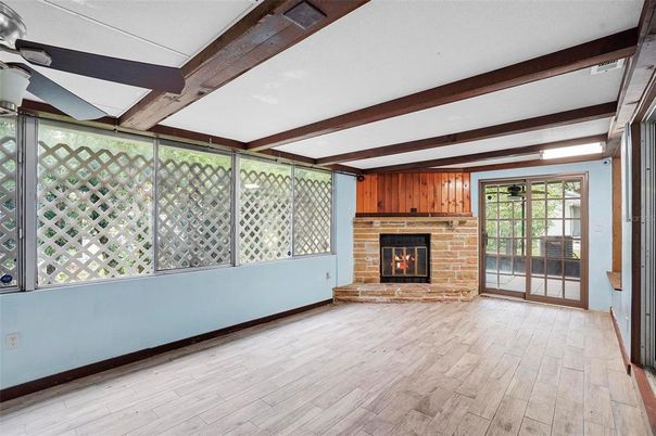 Empty room, Fireplace, Interior, Wooden Beams, Wood Texture Flooring, Wooden Walls