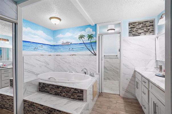 Bathroom, Interior, Marble Walls, Wood Texture Flooring