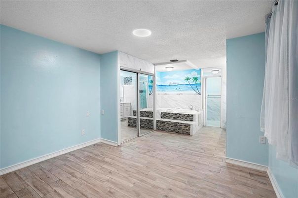 Bathroom, Interior, Marble Walls, Recessed Lighting, Wood Texture Flooring
