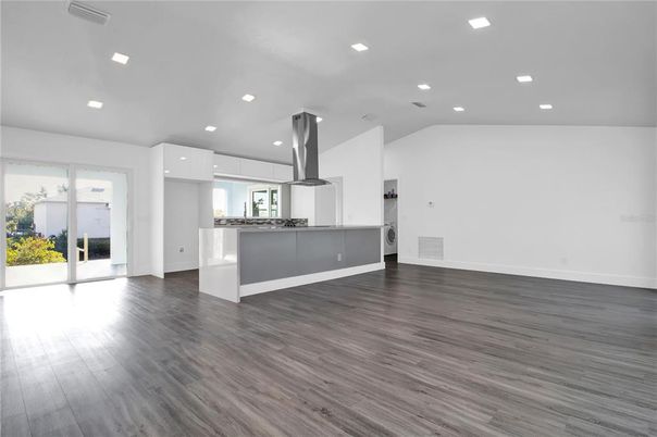 Empty room, Interior, Kitchen, Recessed Lighting, Wood Texture Flooring